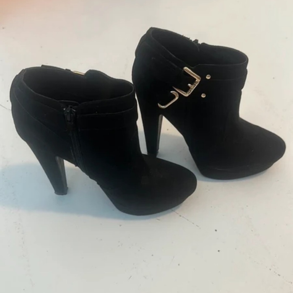 Guess Black Suede-Look High Heel Ankle Booties with Gold Buckle Accent